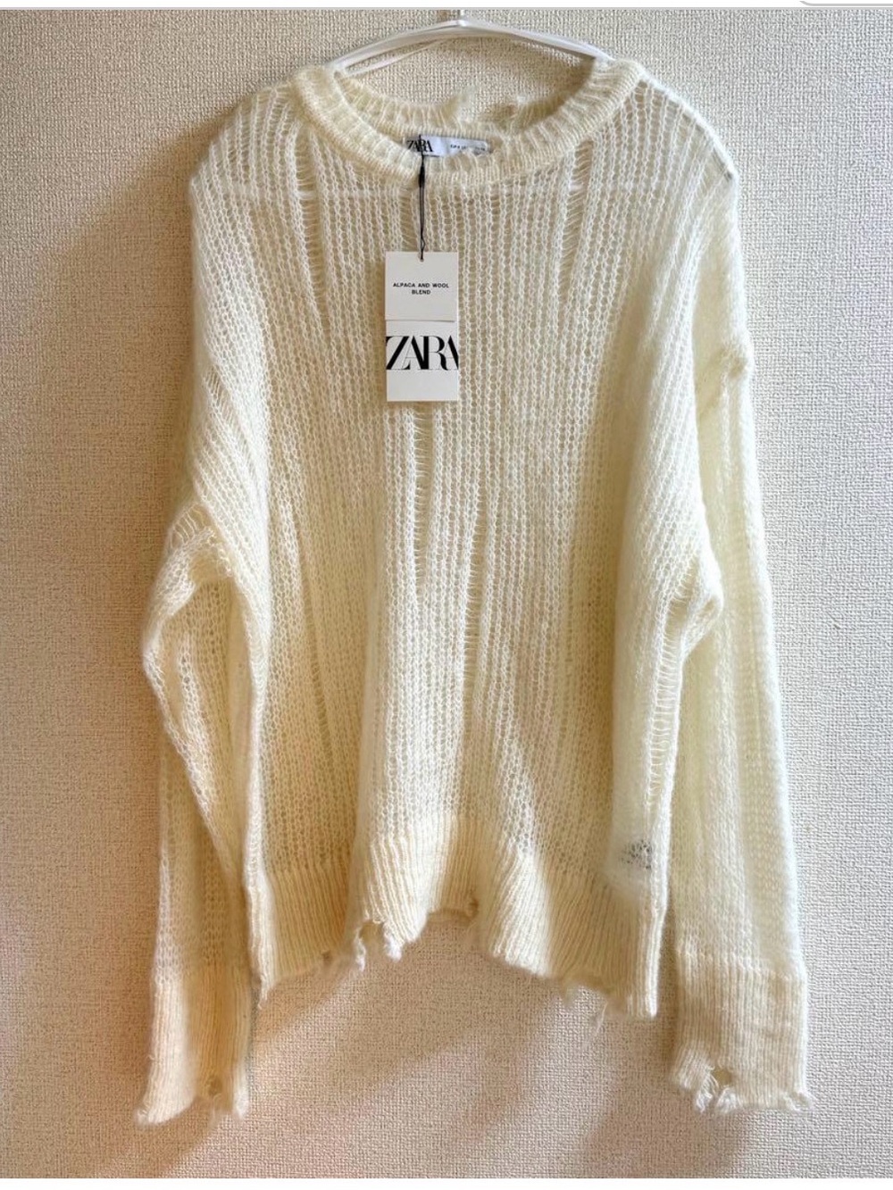 ZARA Alpaca Wool Blend Distressed Open Knit Sweater Ivory Size S NWT - Picture 3 of 5